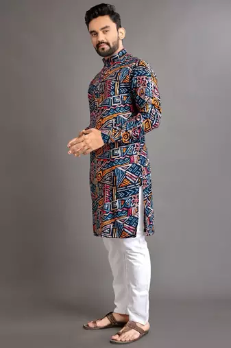 Blue soft cotton foil printed with ethnic motif design kurta pajama set