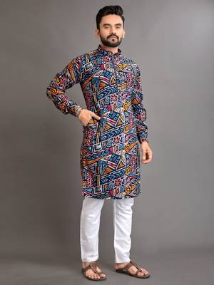Blue soft cotton foil printed with ethnic motif design kurta pajama set 5