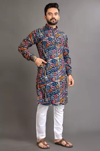 Blue soft cotton foil printed with ethnic motif design kurta pajama set