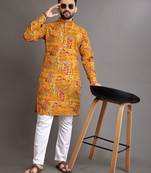 Mustard soft cotton foil printed with ethnic motif design kurta pajama set