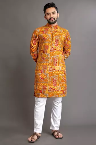 Mustard soft cotton foil printed with ethnic motif design kurta pajama set