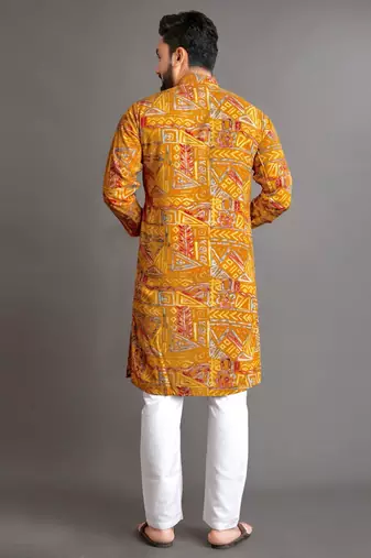 Mustard soft cotton foil printed with ethnic motif design kurta pajama set