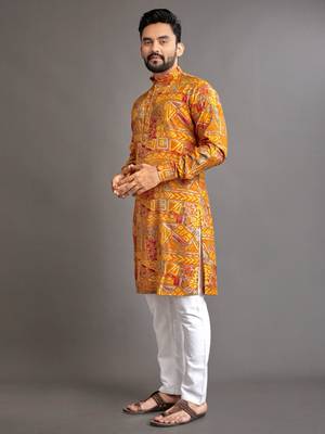 Mustard soft cotton foil printed with ethnic motif design kurta pajama set 4