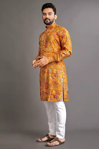 Mustard soft cotton foil printed with ethnic motif design kurta pajama set