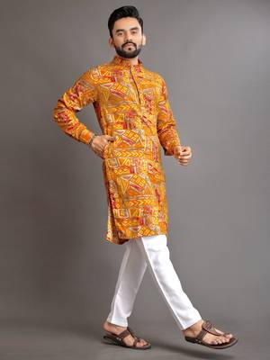 Mustard soft cotton foil printed with ethnic motif design kurta pajama set 5