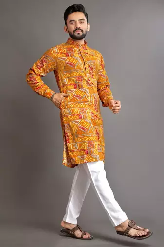 Mustard soft cotton foil printed with ethnic motif design kurta pajama set