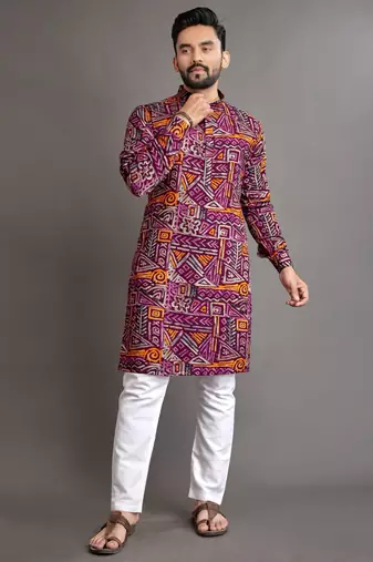 Purple soft cotton foil printed with ethnic motif design kurta pajama set