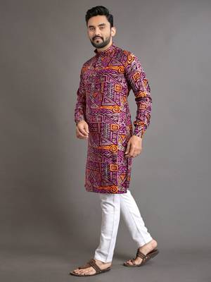 Purple soft cotton foil printed with ethnic motif design kurta pajama set 4