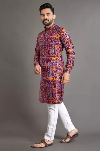 Purple soft cotton foil printed with ethnic motif design kurta pajama set
