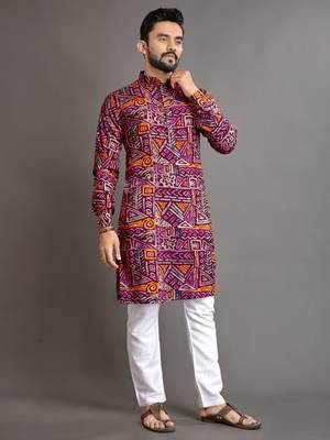 Purple soft cotton foil printed with ethnic motif design kurta pajama set 5