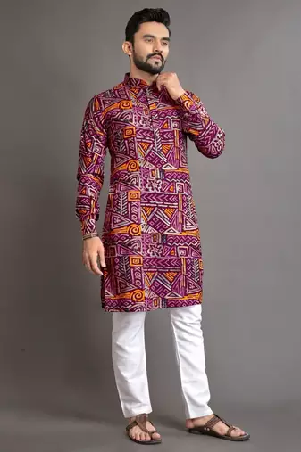 Purple soft cotton foil printed with ethnic motif design kurta pajama set