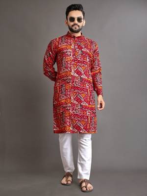 Red soft cotton foil printed with ethnic motif design kurta pajama set 1