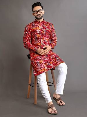 Red soft cotton foil printed with ethnic motif design kurta pajama set 2