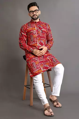 Red soft cotton foil printed with ethnic motif design kurta pajama set