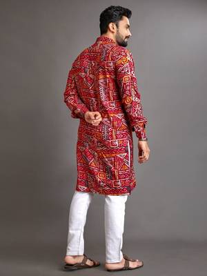 Red soft cotton foil printed with ethnic motif design kurta pajama set 3