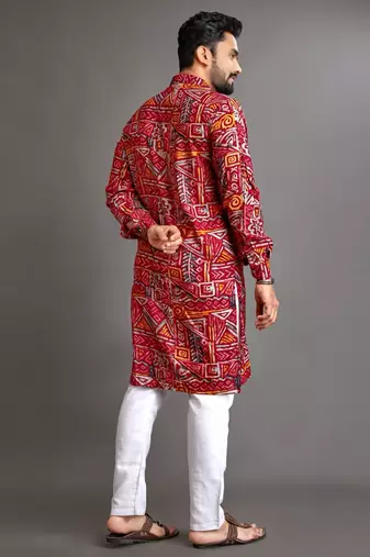 Red soft cotton foil printed with ethnic motif design kurta pajama set
