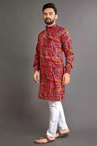 Red soft cotton foil printed with ethnic motif design kurta pajama set