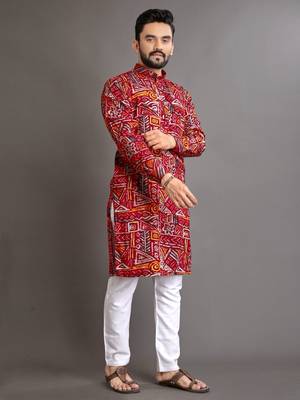 Red soft cotton foil printed with ethnic motif design kurta pajama set 5