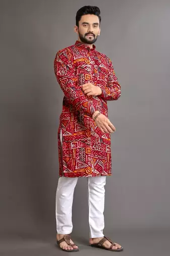 Red soft cotton foil printed with ethnic motif design kurta pajama set