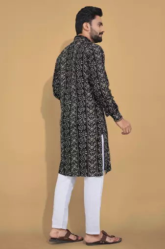 Black soft cotton foil printed with ethnic motif design kurta pajama set