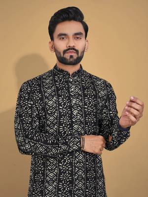 Black soft cotton foil printed with ethnic motif design kurta pajama set 3