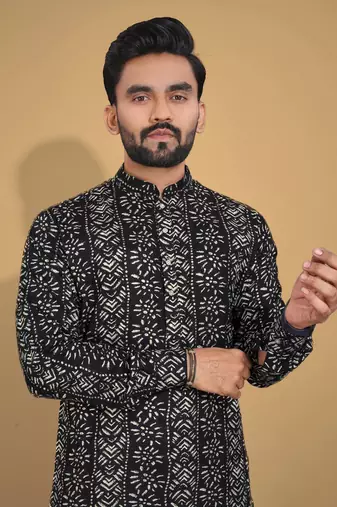 Black soft cotton foil printed with ethnic motif design kurta pajama set