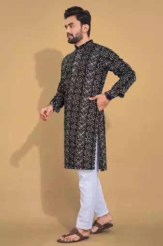 Black soft cotton foil printed with ethnic motif design kurta pajama set