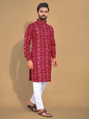 Blood red soft cotton foil printed with ethnic motif design kurta pajama set 1