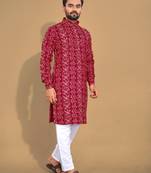 Blood red soft cotton foil printed with ethnic motif design kurta pajama set