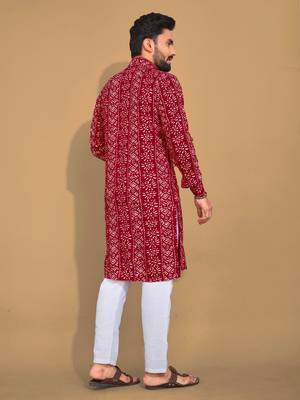 Blood red soft cotton foil printed with ethnic motif design kurta pajama set 3