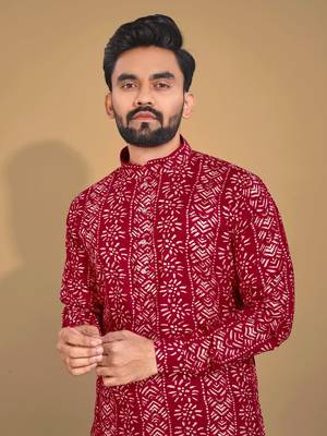 Blood red soft cotton foil printed with ethnic motif design kurta pajama set 4