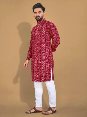 Blood red soft cotton foil printed with ethnic motif design kurta pajama set 5