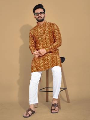 Mustard soft cotton foil printed with ethnic motif design kurta pajama set 1