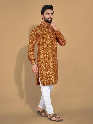 Mustard soft cotton foil printed with ethnic motif design kurta pajama set 2
