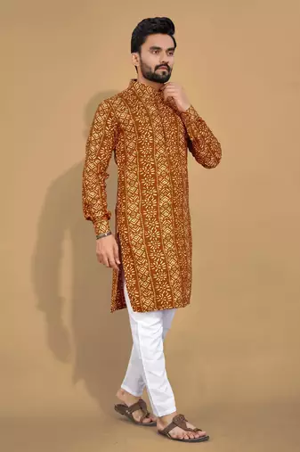 Mustard soft cotton foil printed with ethnic motif design kurta pajama set