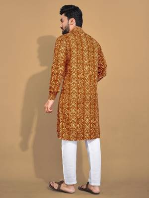 Mustard soft cotton foil printed with ethnic motif design kurta pajama set 3