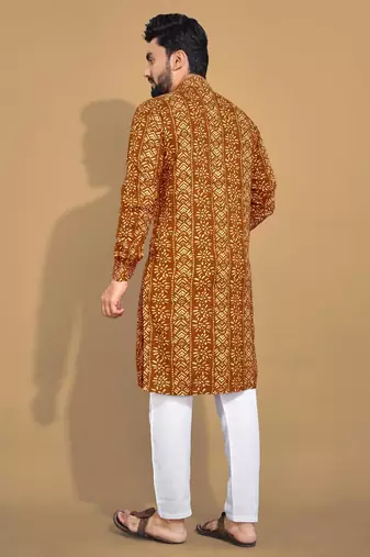 Mustard soft cotton foil printed with ethnic motif design kurta pajama set