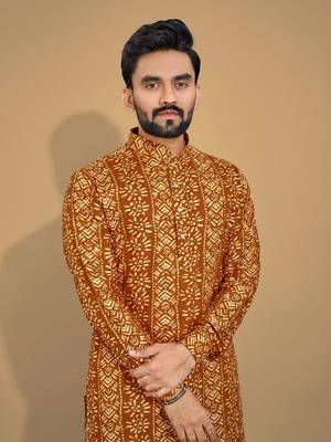 Mustard soft cotton foil printed with ethnic motif design kurta pajama set 4