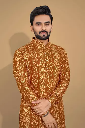 Mustard soft cotton foil printed with ethnic motif design kurta pajama set