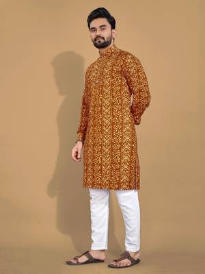 Mustard soft cotton foil printed with ethnic motif design kurta pajama set 5