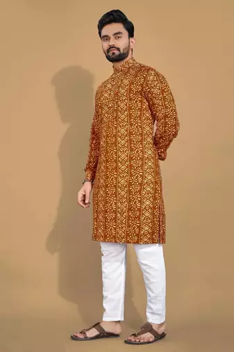 Mustard soft cotton foil printed with ethnic motif design kurta pajama set
