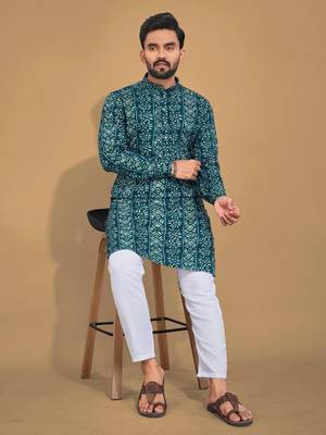 Teal soft cotton foil printed with ethnic motif design kurta pajama set 1