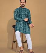Teal soft cotton foil printed with ethnic motif design kurta pajama set