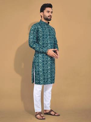 Teal soft cotton foil printed with ethnic motif design kurta pajama set 2