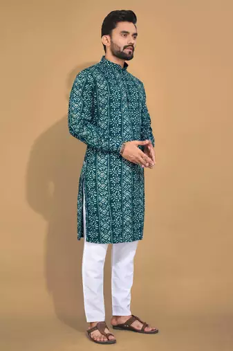 Teal soft cotton foil printed with ethnic motif design kurta pajama set