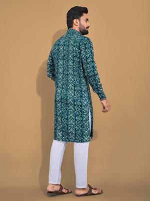 Teal soft cotton foil printed with ethnic motif design kurta pajama set 3