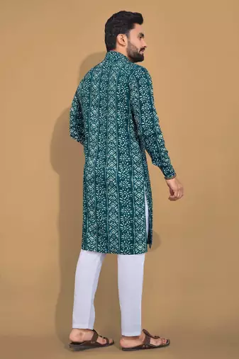 Teal soft cotton foil printed with ethnic motif design kurta pajama set