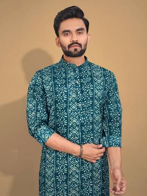 Teal soft cotton foil printed with ethnic motif design kurta pajama set 4