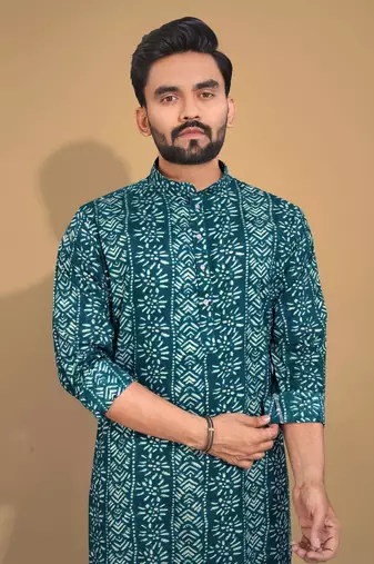 Teal soft cotton foil printed with ethnic motif design kurta pajama set