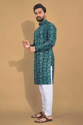 Teal soft cotton foil printed with ethnic motif design kurta pajama set